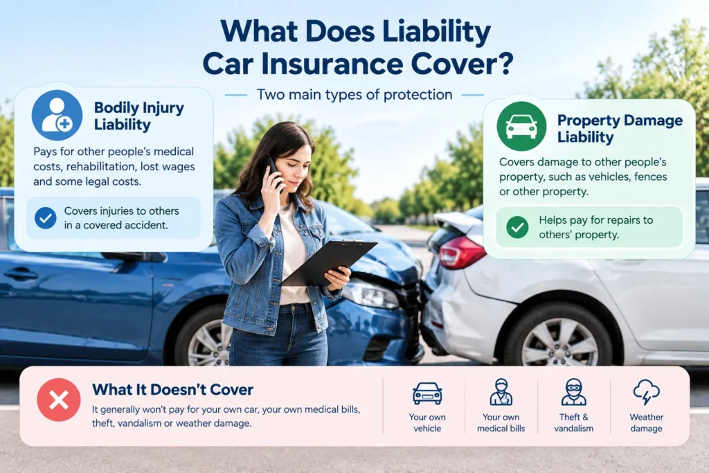Infographic explaining bodily injury liability, property damage liability, and common car insurance exclusions.