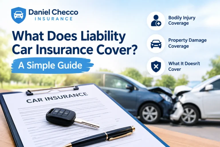 Car insurance documents in front of two cars after an accident, illustrating liability car insurance coverage.